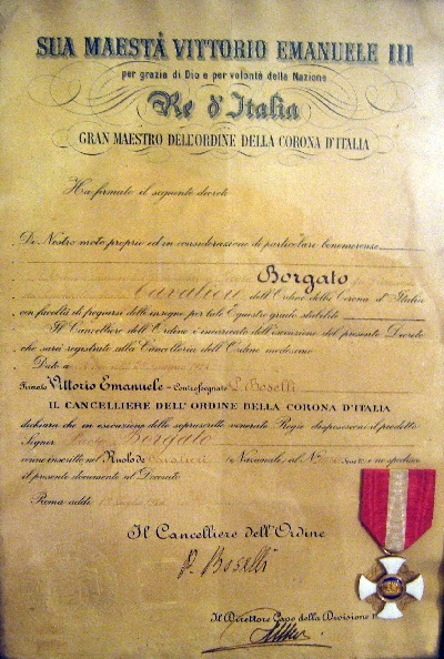 Diploma di Cavaliere dell'ordine della Corona Paolo Borgato