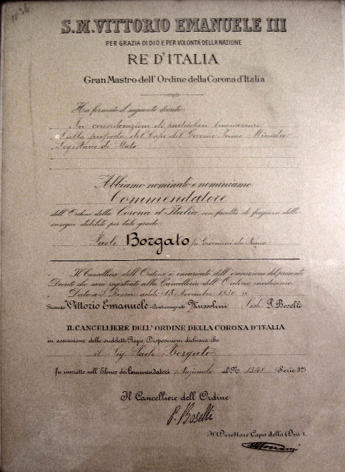 Diploma di Commendatore dell'ordine della Corona Paolo Borgato