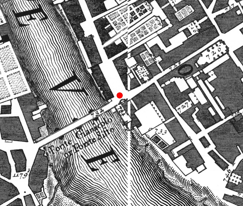 Via Giulia - posizione della fontana dei Cento Preti 1748